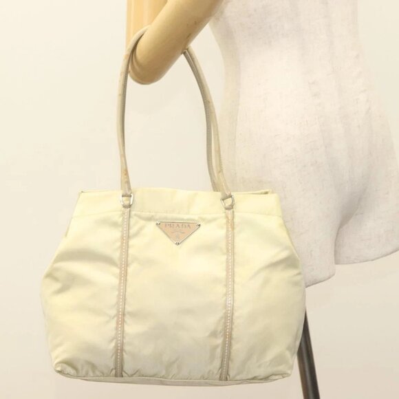PRADA Tote Bag Nylon Leather Beige Auth - Picture 1 of 16